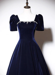 Navy Blue A-line Velvet Long Evening Dress, Short Sleeves Beaded Prom Dress