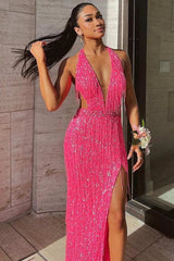 Black Sequin Fringe Halter Long Prom Dress with Slit