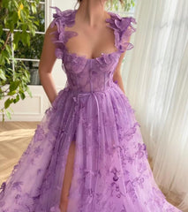 Long Tulle Prom Dress with 3D Butterflies Floor Length Formal Evening Party Gowns for Women Lace Applique
