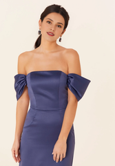 Satin straight neckline off shoulder sleeves trumpet shaped bridesmaid dress