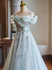 A-Line Off the Shoulder Tulle Long Prom Dress with Hand Made Flower
