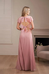 Polyester chiffon A-line hanging boat collar front slit bridesmaid dress