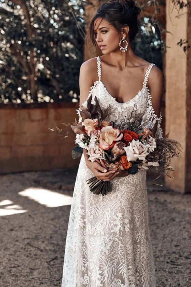 Beach Mermaid Scoop Neckline Backless Ivory Bohemian Wedding Dress