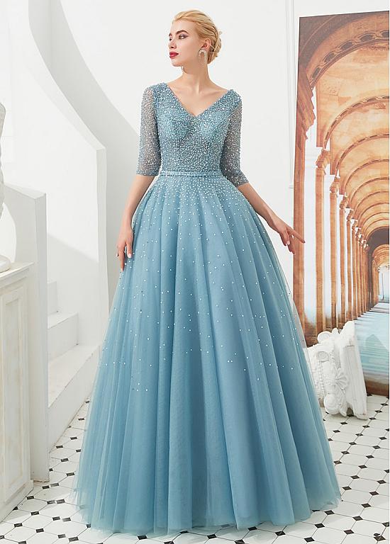 Blue Glittering Puffy Ball Gown Prom Dress With Beadings