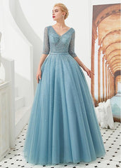 Blue Glittering Puffy Ball Gown Prom Dress With Beadings