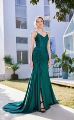 V-neck thin shoulder strap with exposed back side slit and floor length evening dress