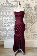 Sheath spaghetti riemen satijnen lange bruidsmeisje jurk met spleet
