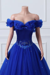 Royal Blue off-the-shoulder lieverd kralen bloemen baljurk tule prom-jurken