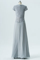 Grey Chiffon Short Sleeve Wrap Bridesmaid Dress