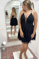 Periwinkle Appliques Plunge V Lace-Up A-Line Homecoming Dress