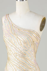 Sheath One Shoulder Blue Sequins Short Homecoming Dress with Tassel
