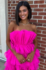 Magenta Tulle Strapless Tiered Party Dress with Ruffles