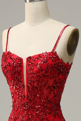 Mermaid Spaghetti Straps Red Sequins Long Prom Dress with Split Front