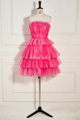 Hot Pink Strapless Tiered A-Line Short Party Dress with Ruffles