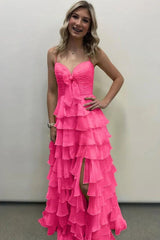 A-Line Spaghetti Straps V-Neck Ruffles Chiffon Long Prom Dress