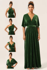 A Line V Neck Covertible Wear Velvet Long Bridesmaid Dress
