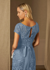 Sheath Scoop Lace Appliques Short Sleeve Dusty Blue Mother of the Bride Dresses