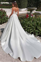 A-line Satin Neckline Wedding Dress With Pockets Lace Appliques