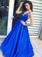 Spaghetti Straps Ball Gown Royal Blue Satin Prom Dress