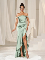 Off shoulder asymmetrical ruffle hem and floor length formal dress