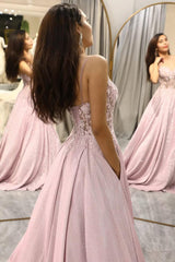 Satin Prom Dresses Long Spaghetti Straps Lace Applique Evening Party Gowns