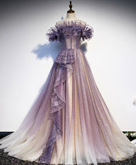 Purple tulle sequin long prom dress purple evening dress
