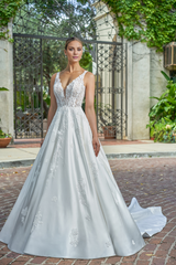 A-line satin deep V-neck 3D flower bead lace and floor length wedding dress