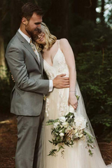 A-line V Neck Spaghetti Strap Wedding Dresses Bridal Dress Lace Applique