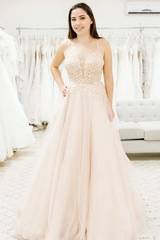 A-line V Neckline Spaghetti Straps Illusion Plunging Wedding Dress