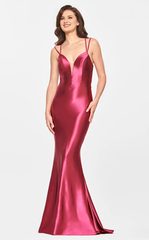 Mermaid deep V-neck satin thin shoulder strap and floor length evening dress