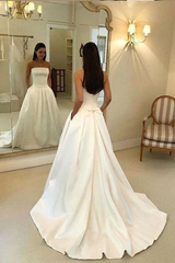 A-line Strapless Ivory Open Back Satin Wedding Dress with Pockets