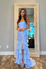 Jimiss off shoulder blue layered slit mermaid long dress