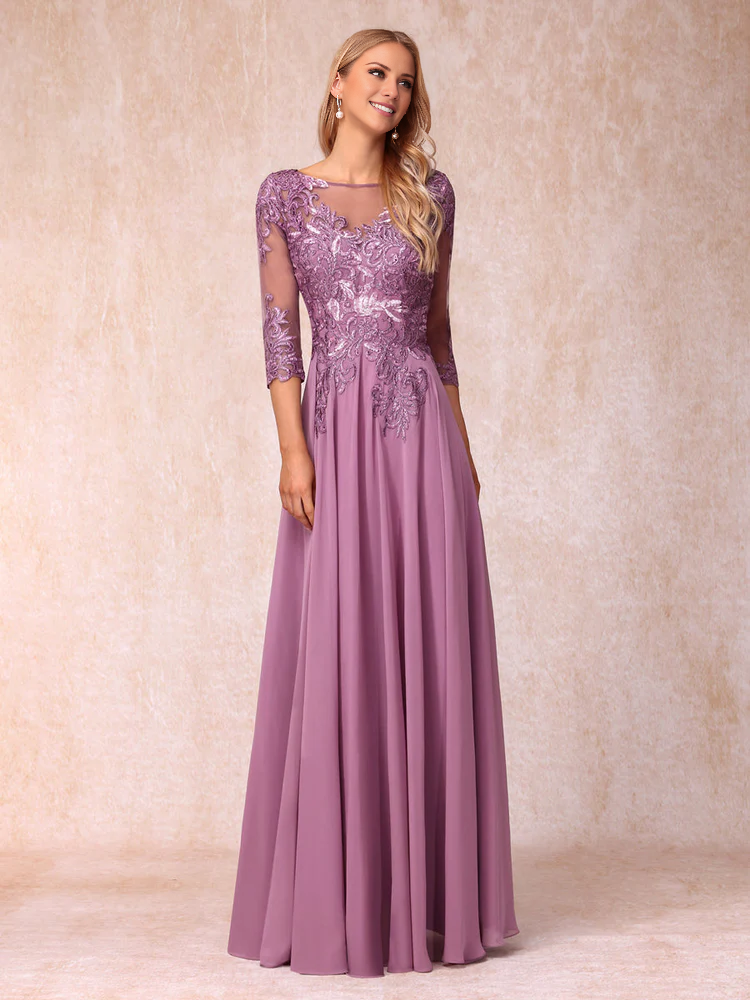 A-line/princess transparent collar 3/4 sleeve length formal mother of the bride dress