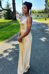 Champagne Satin Cowl Neck Long Bridesmaid Dress