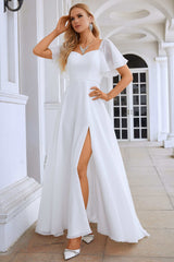 White Chiffon Tie-Back A-Line Long Dress with Flutter Sleeves