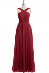 Red Chiffon Cross-Front A-Line lange bruidsmeisje jurk