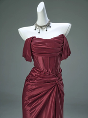 Burgundy Off Shoulder Mermaid Satin Long Formal Evening Party Dresses, HZ0319