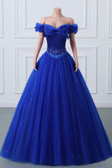 Royal Blue off-the-shoulder lieverd kralen bloemen baljurk tule prom-jurken