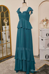 Emerald Flutter Sleeve Multi-Layer Ruffle Long Dress