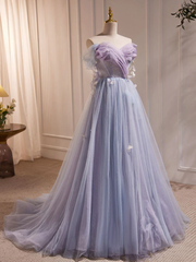 Light Purple Off Shoulder Sweetheart Long Formal Dress, Light Purple Tulle Prom Dress