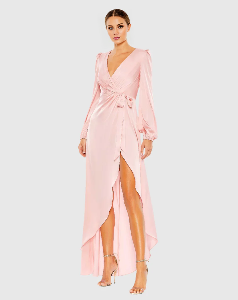 V-neck long sleeves asymmetrical skirt floor-length evening dress