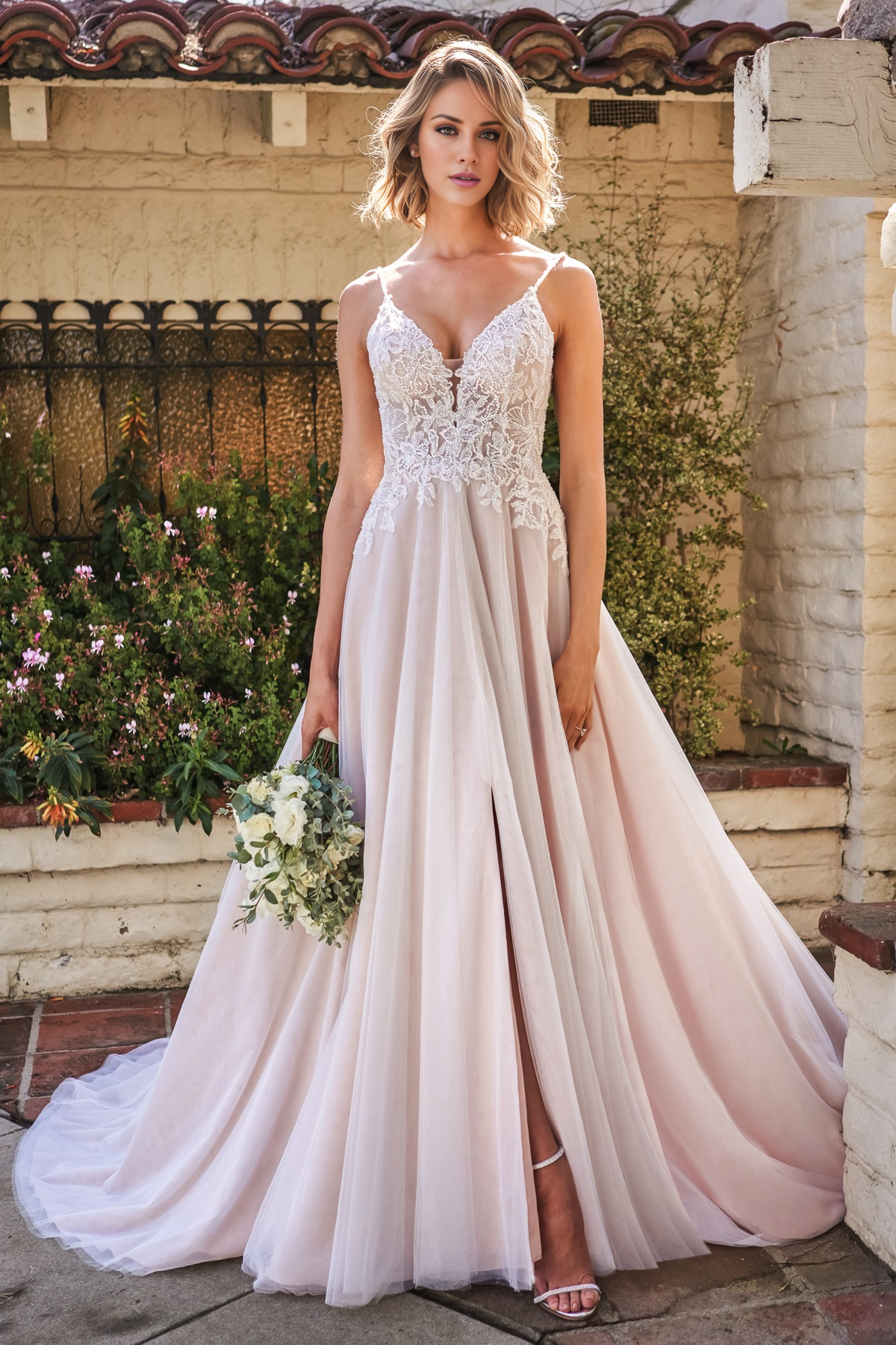 A-line front and back V-neck bead embroidery lace and floor length wedding dress