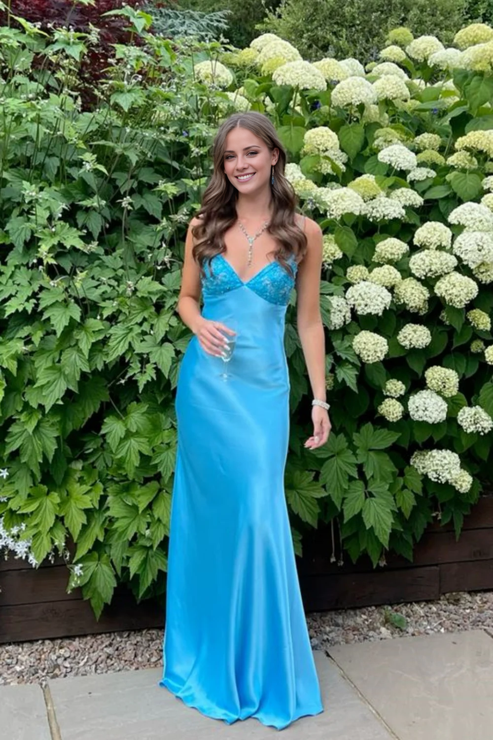 Jimiss V-neck blue beaded back strap A-line long dress