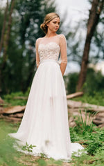 A-line Sweetheart Long Sleeve Chiffon Tulle Lace Satin Wedding Dresses With Illusion