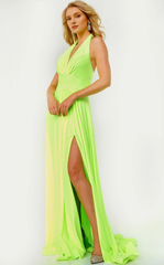 A-line hanging neck deep V-neck exposed back and floor length evening dress