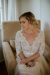 A-line V-neck Half Sleeves Belt Tulle Wedding Dress Bridal Gown