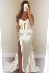 Classy Strapless Keyhole Mermaid Satin Long Prom Dress with Slit
