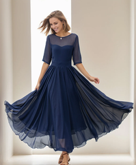 Jimiss Ship Neck Short Sleeve Chiffon Horn Long Prom Dress