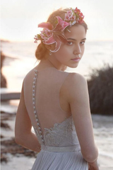 Beach Illusion Neckline Sheer Back Lace Chiffon Wedding Dress