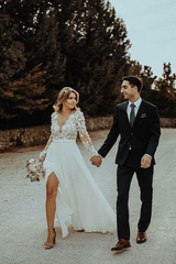 A-Line V-Neck Floor Length Chiffon Wedding Dress with Appliques Flowers